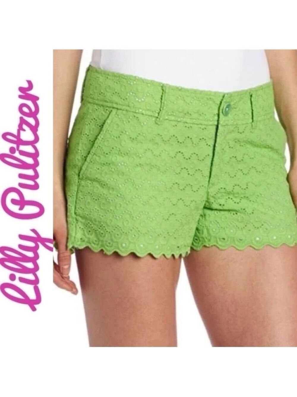 Lilly Pulitzer Beachy Walsh Lime Green Eyelet Lined Coastal Shorty Shorts 00